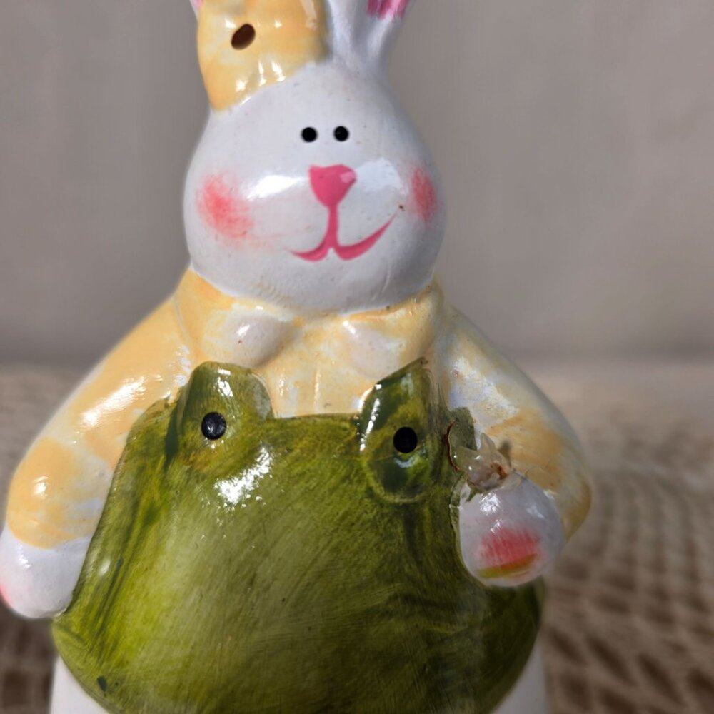 Hand-Painted Ceramic Bunny Figurines With Green Overalls & Sunflower Accents - Picture 4 of 5